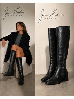 Joan Helpern Signature Black Leather Knee High Boots 6.5M Made in Italy